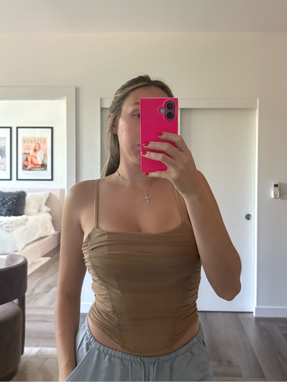 Ruched Tan Tank Top with Spaghetti Straps